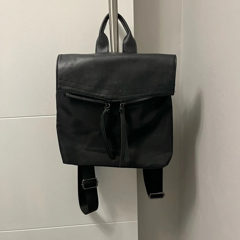 Botkier NY Black Mini Backpack Purse Handbag Faux Leather Polyester Logo Straps